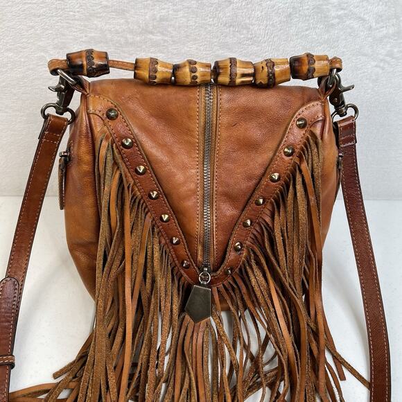 Boho Leather Crossbody Bamboo Hand Strap Featured Fringe Bohemian Tassel Brown - Picture 6 of 15